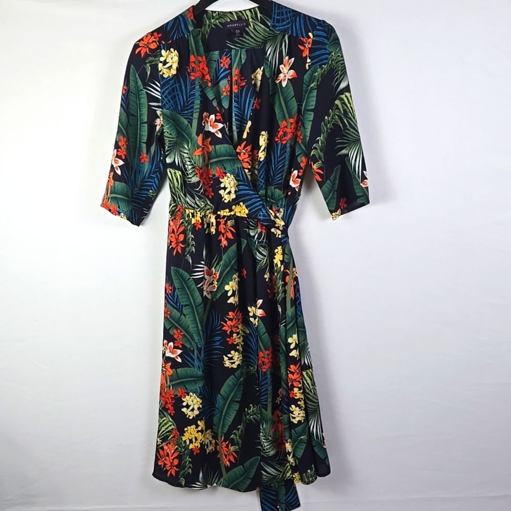 Amaryllis Multicolor Tropical Floral Print Wrap Around Dress Sz S Whimsical Boho